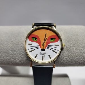 Fox Face & Whiskers 37mm Gold Tone Unisex Watch With Black Band - Quartz Watch